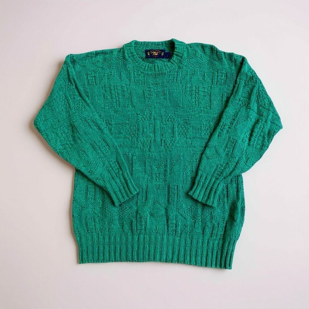 VTG Lake Harmony Sweater M Green Textured Knit‎ Crewneck USA Made Cotton Preppy